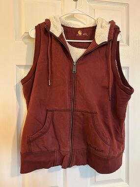 Carhartt Hooded Zip Vest in Rust Brown with Cream Sherpa Lining